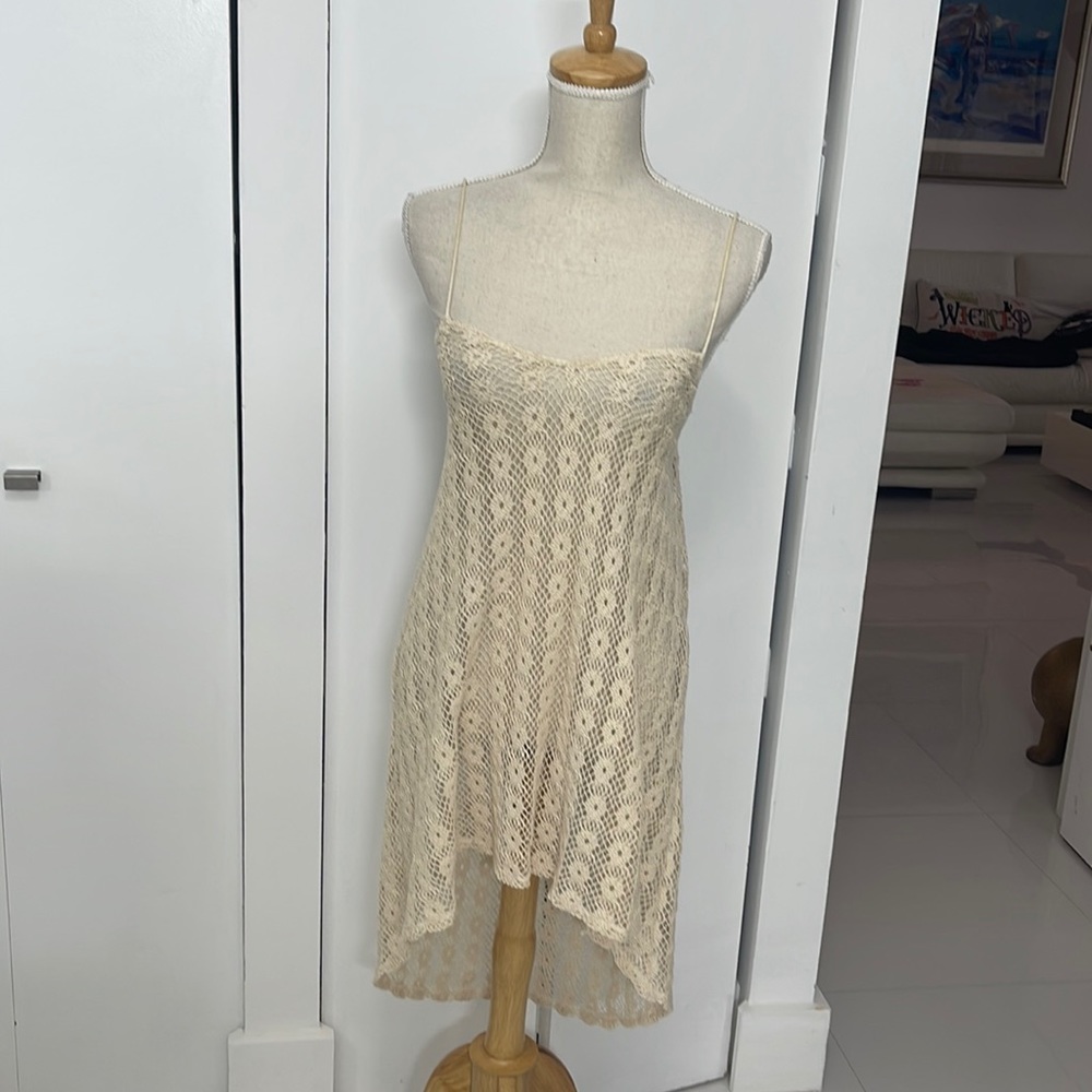 Cream "Crochet" Flower Print Hi Low BOHO Chic Cover up Top/Dress